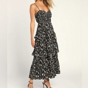 Lulu's Cascading Crush Black Floral Print Tiered Bustier Midi Dress